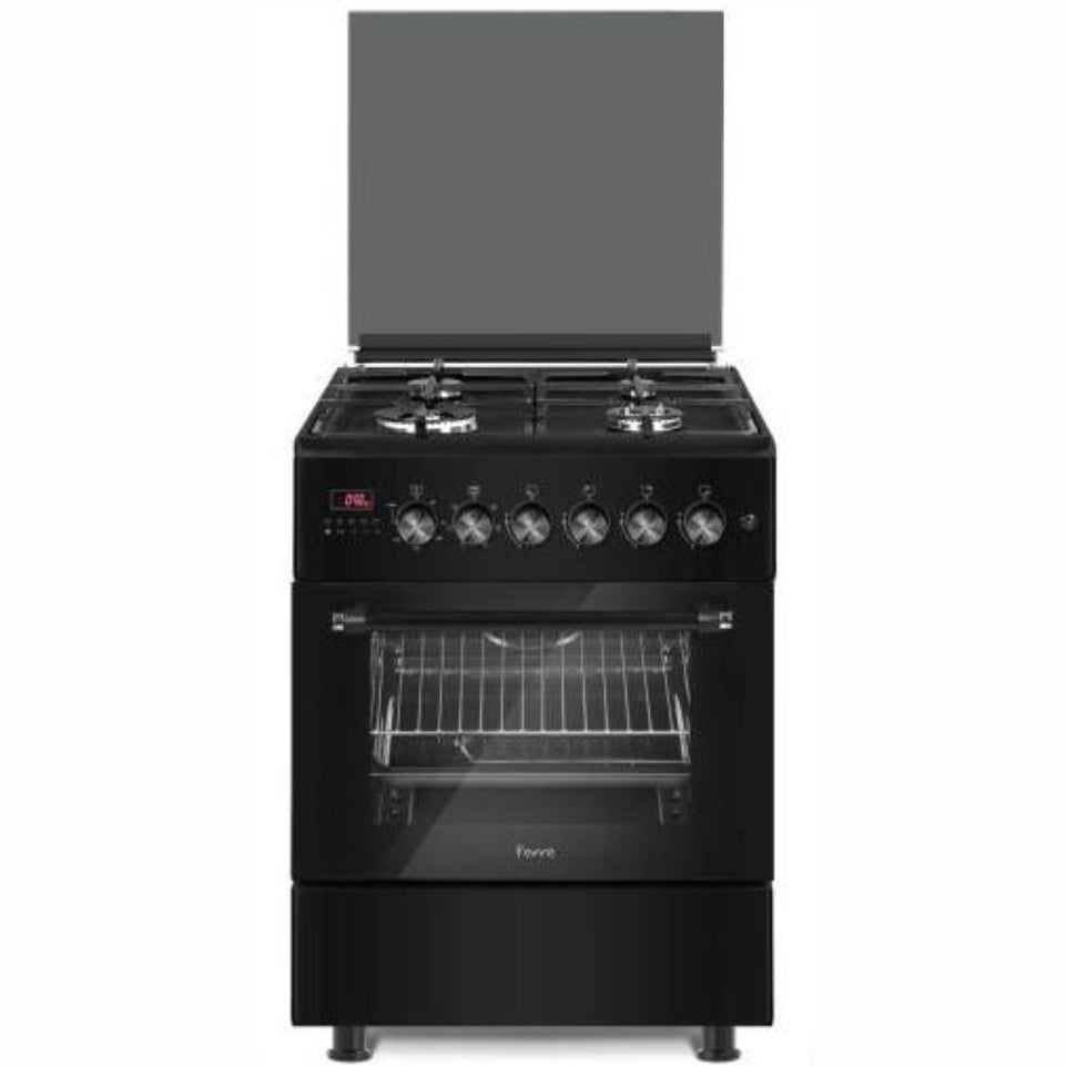 4 Burner + Wok Eheated Fan Electric Oven FFD Integrated Ignition Turnspit Lamo Digital Timer Cast Iron Glass Lid Matt Black